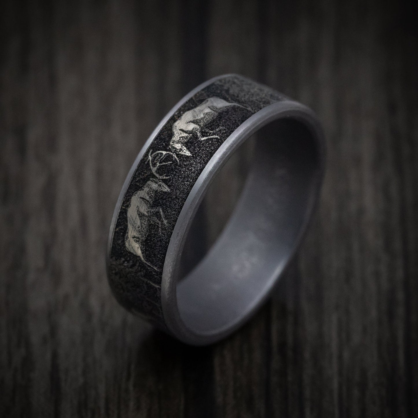 Tantalum and Black Titanium Deer Fight Design Pattern Ring