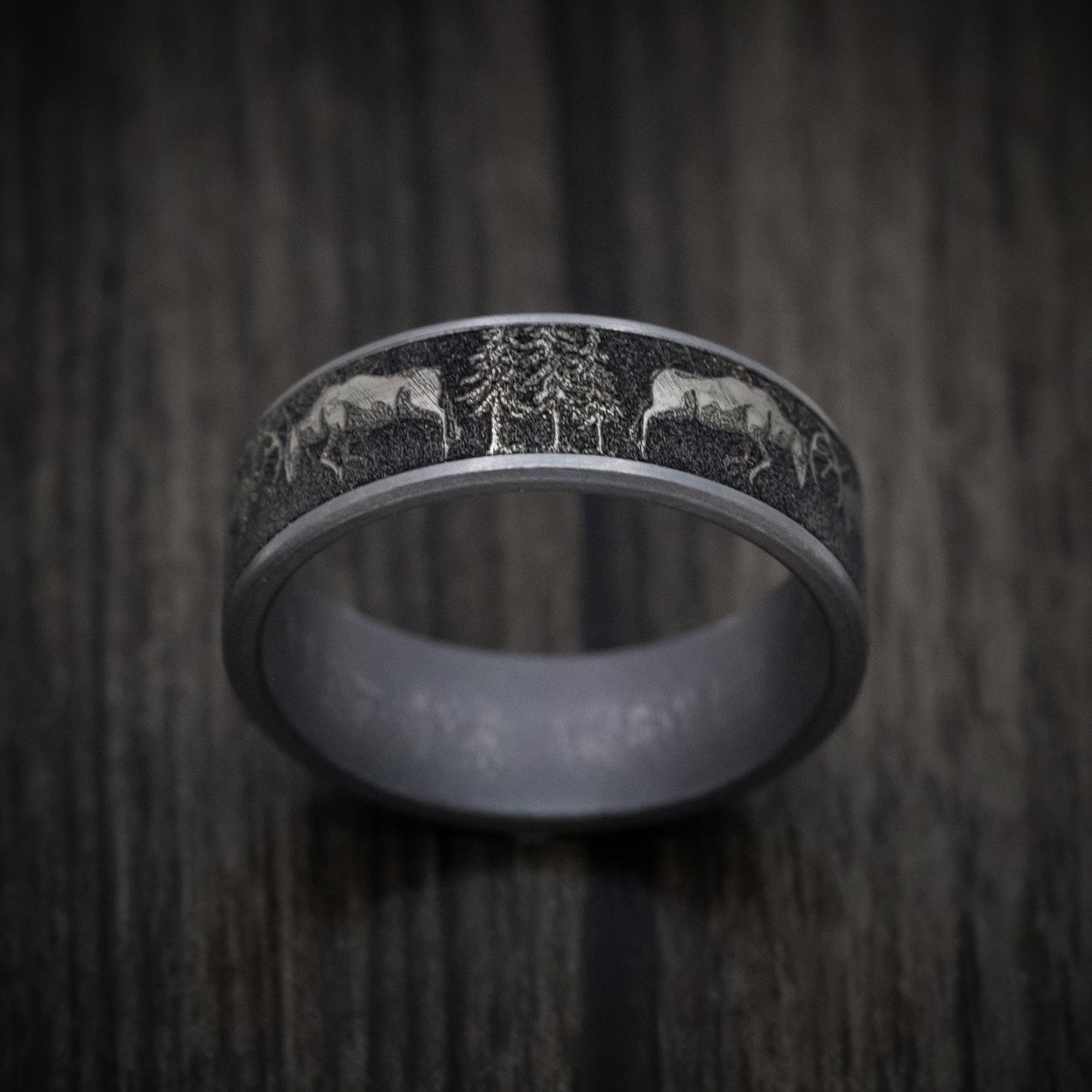 Tantalum and Black Titanium Deer Fight Design Pattern Ring