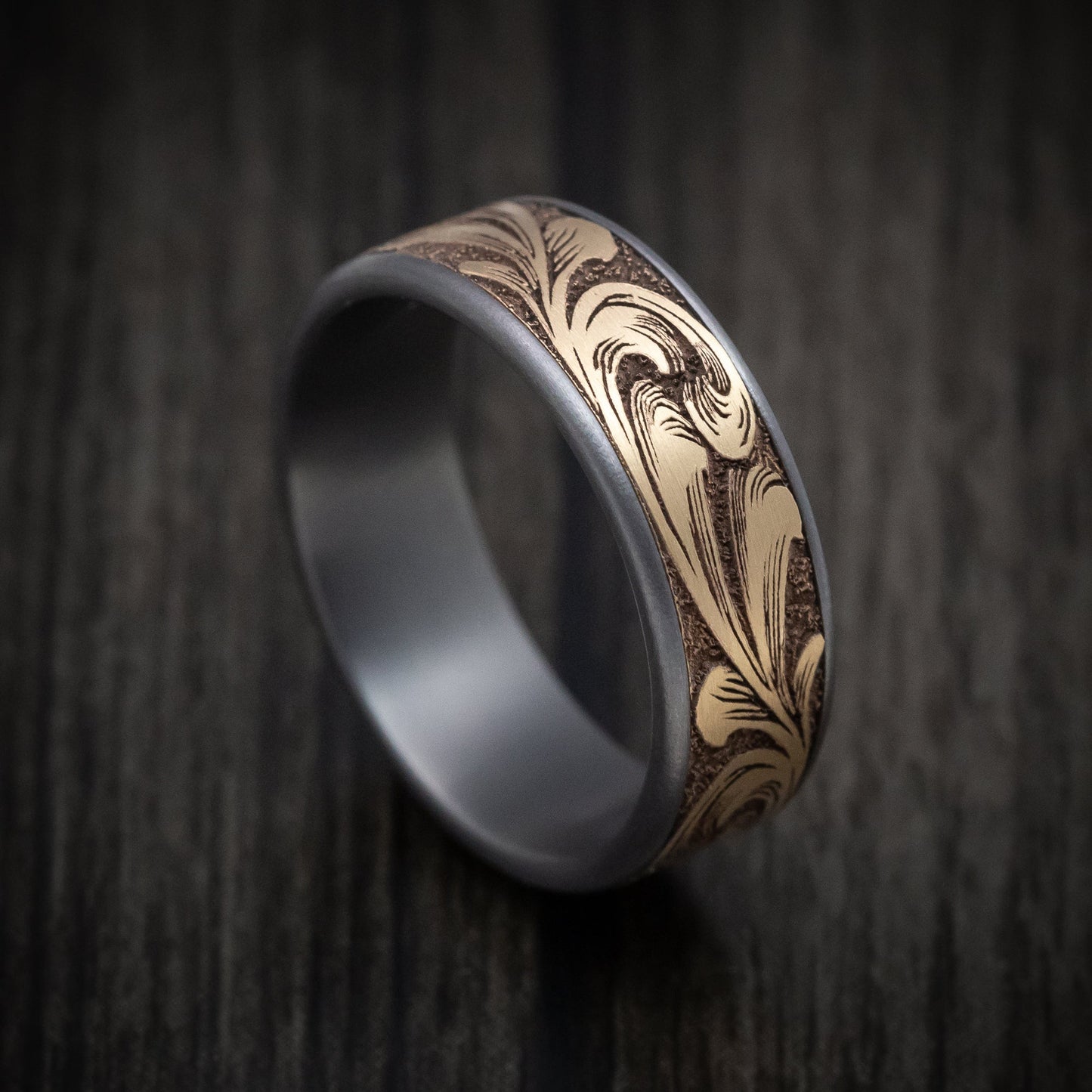 Tantalum and 14K Gold Barrel Script Pattern Ring