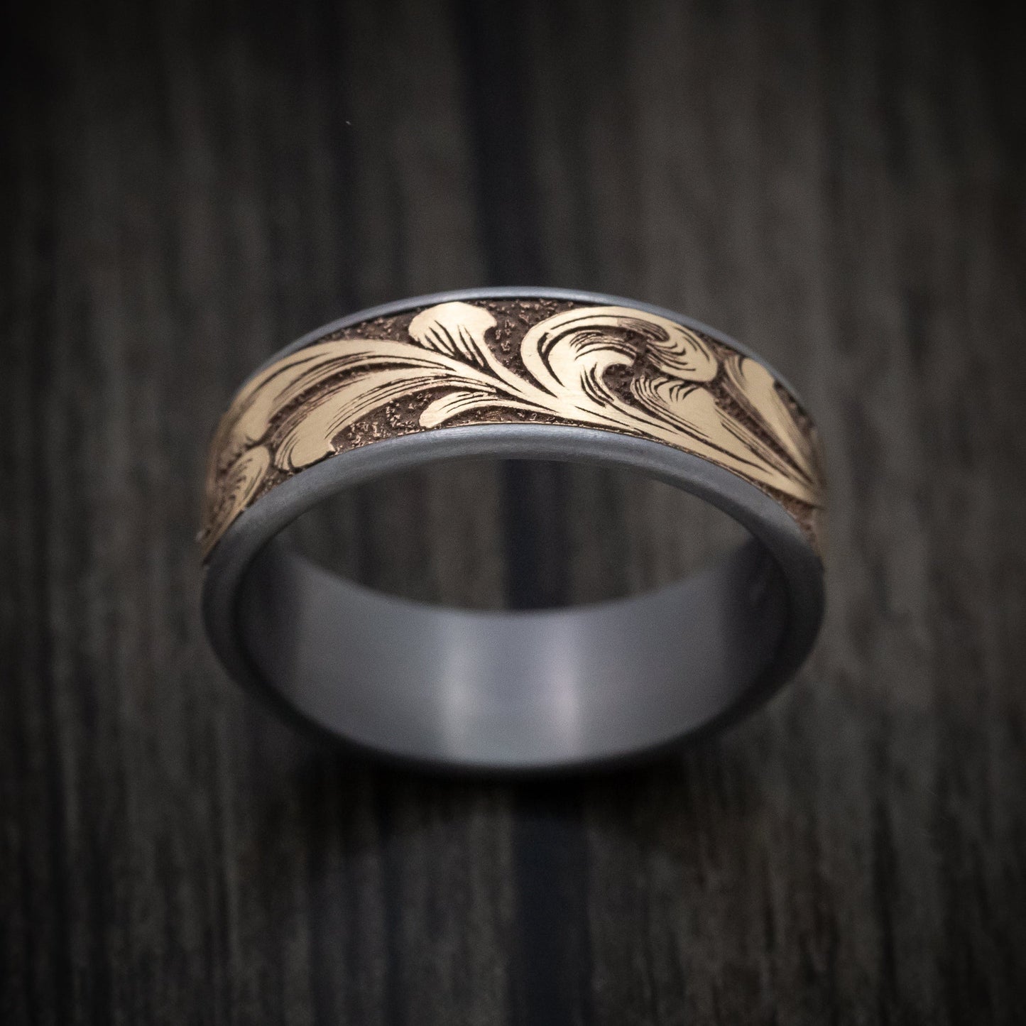 Tantalum and 14K Gold Barrel Script Pattern Ring