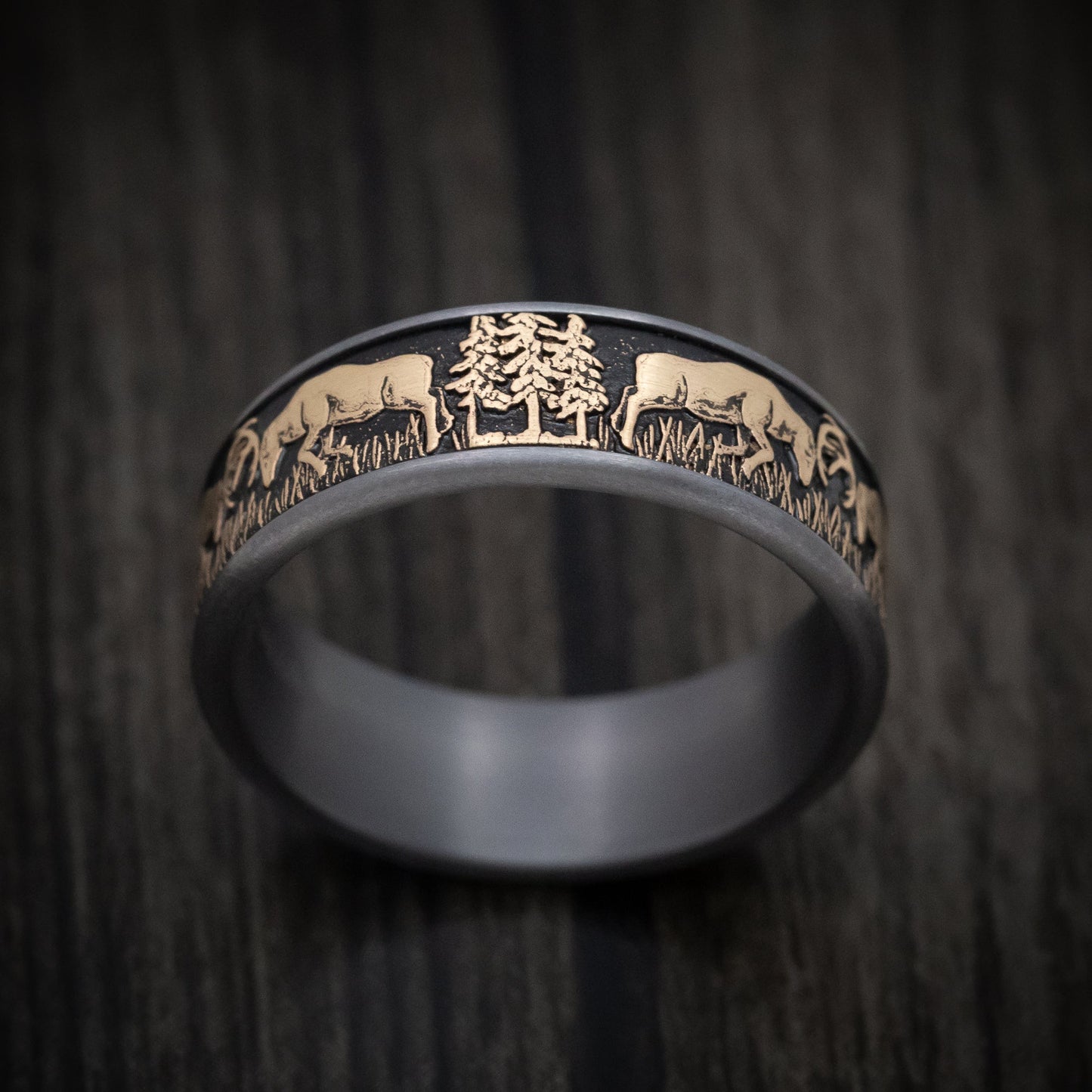 Tantalum and 14K Gold Deer Fight Design Pattern Ring