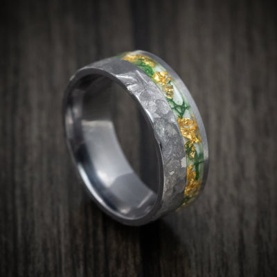 Tantalum Men's Ring with Moss and Gold Flakes Inlay