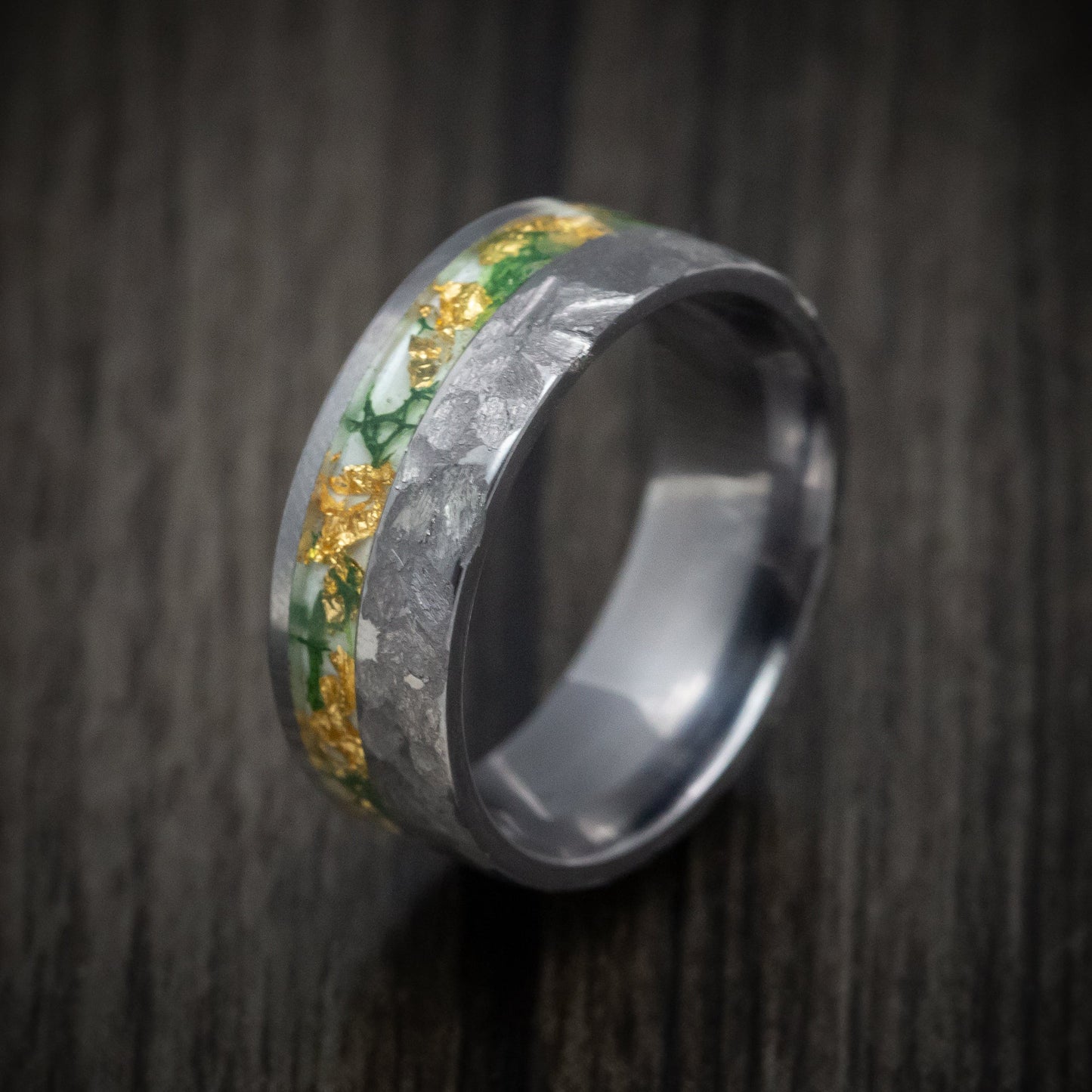 Tantalum Men's Ring with Moss and Gold Flakes Inlay