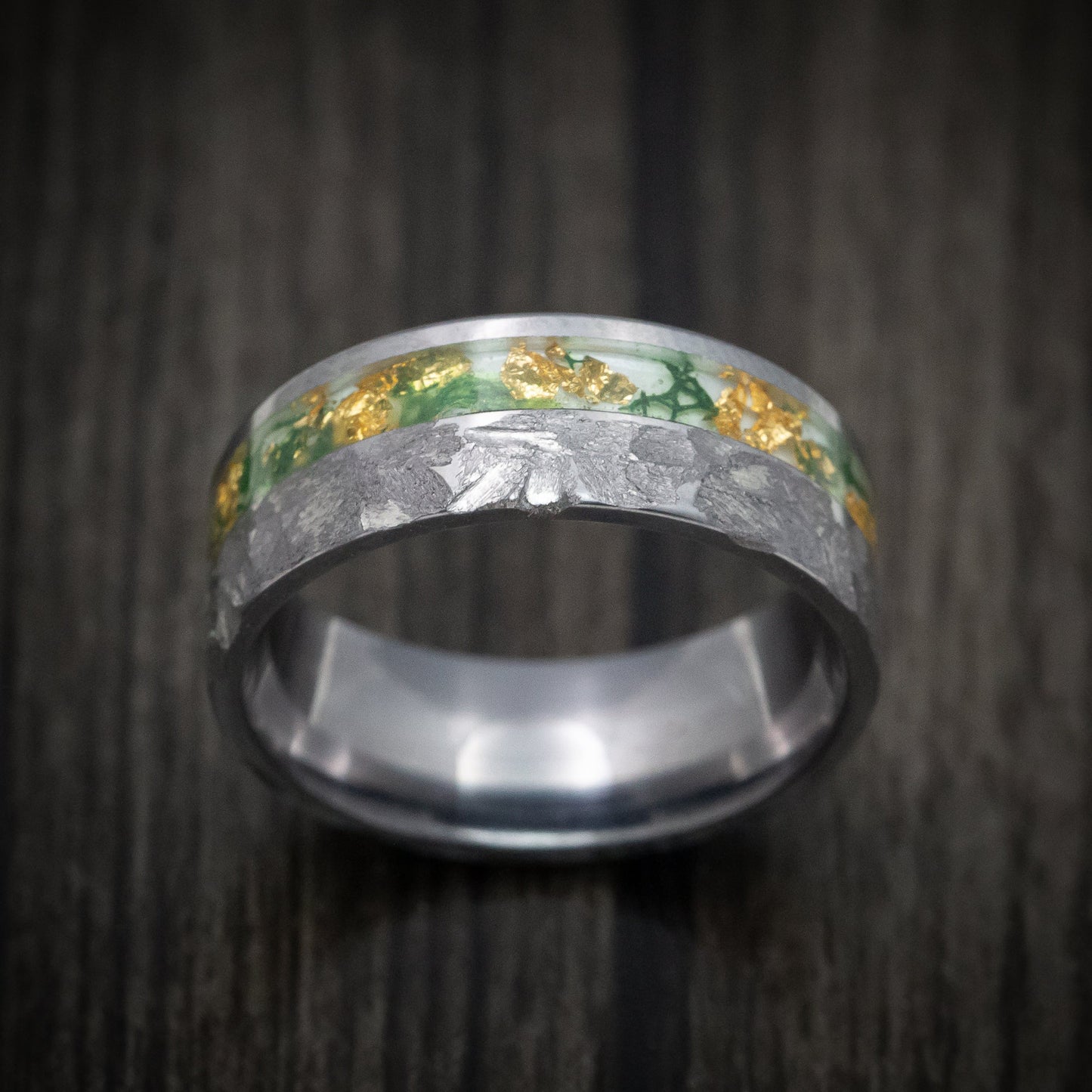 Tantalum Men's Ring with Moss and Gold Flakes Inlay