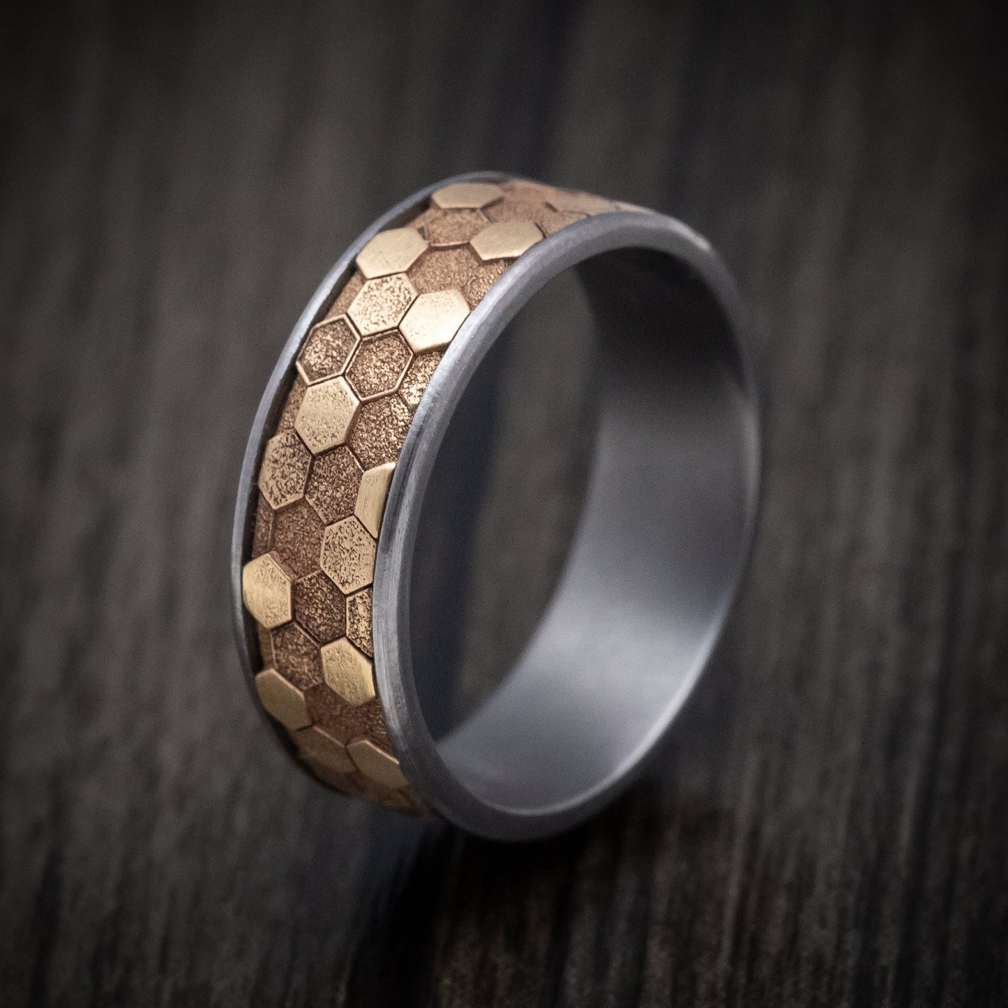 Tantalum Men's Ring with 14K Gold Honeycomb Design Inlay