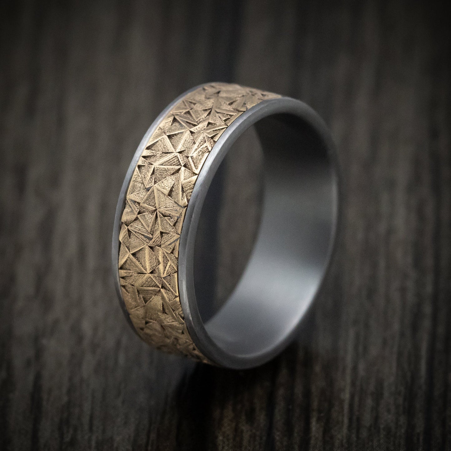 Tantalum Men's Ring with 14K Gold Geometric Texture Inlay