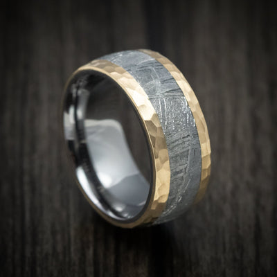 14K Gold Men's Ring with Meteorite Inlay and Tantalum Sleeve Custom Made Band