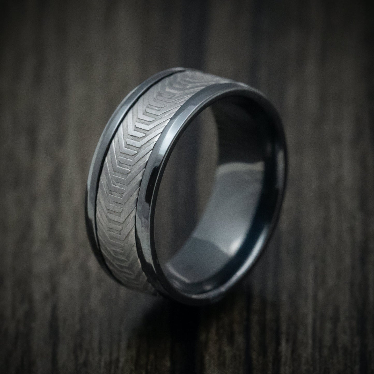 Black Titanium And Martian Rover Tread Pattern Tantalum Custom Mens Ring