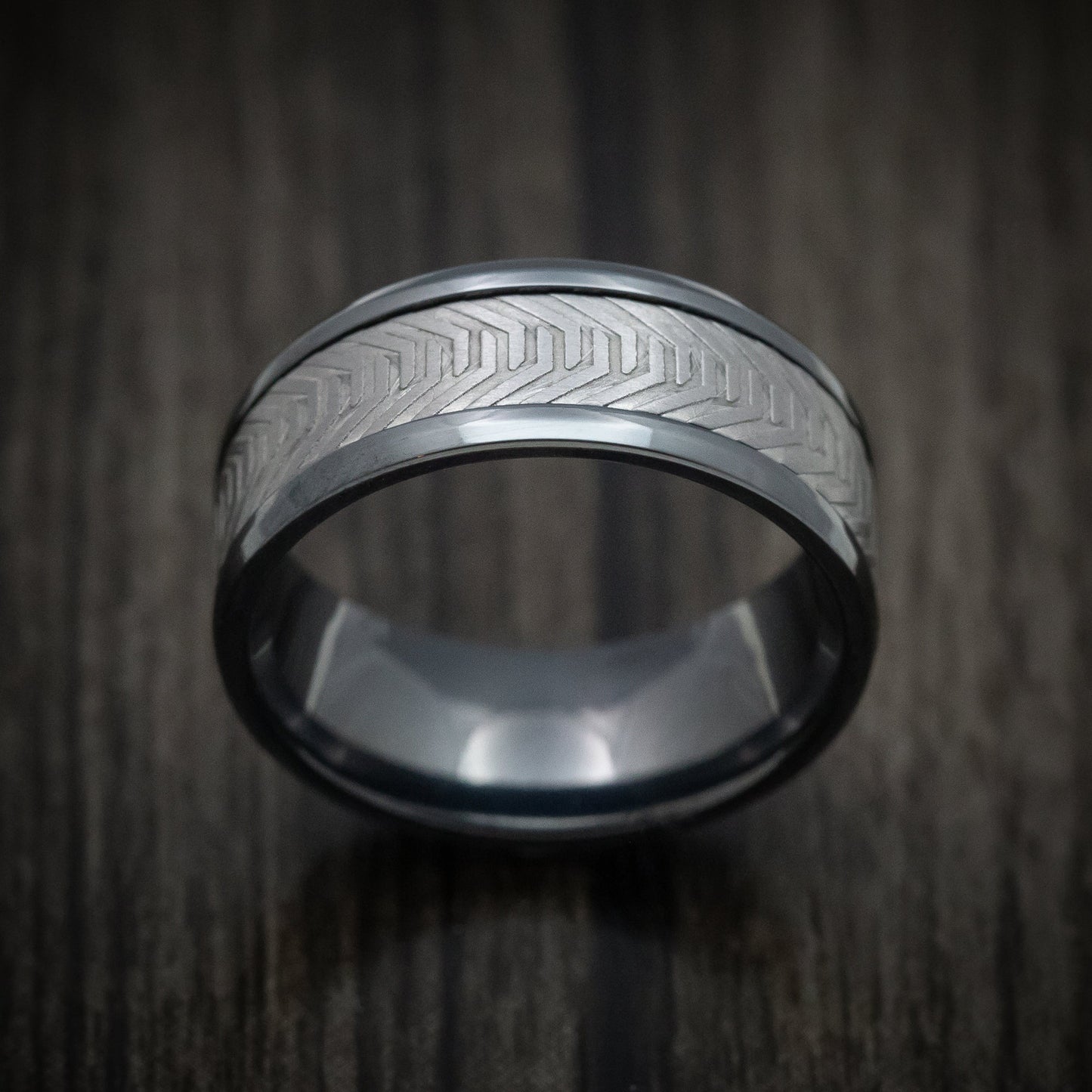 Black Titanium And Martian Rover Tread Pattern Tantalum Custom Mens Ring