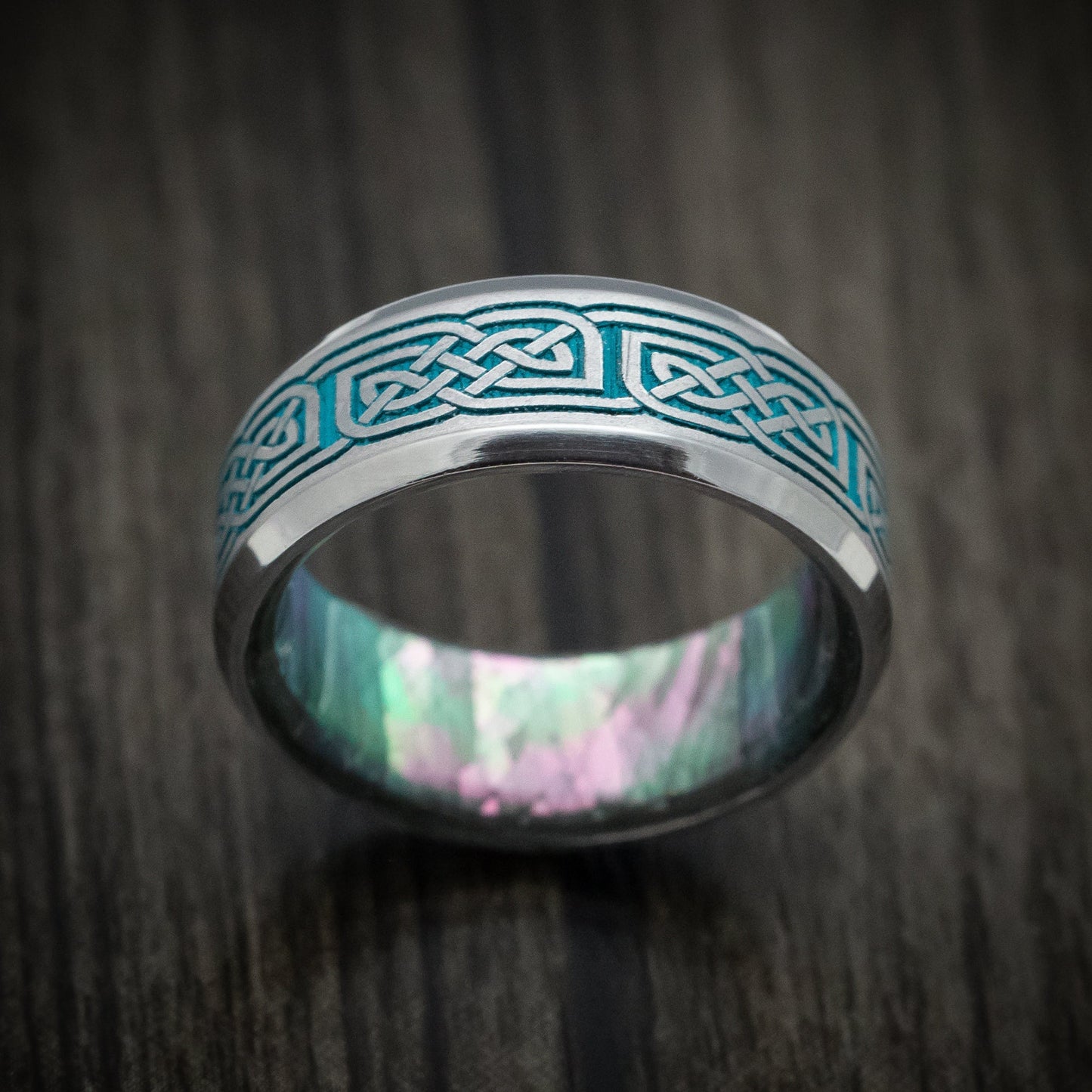 Tantalum Men's Ring with Celtic Knot Cerakote Inlay and Black Mother of Pearl Sleeve Custom Made Band