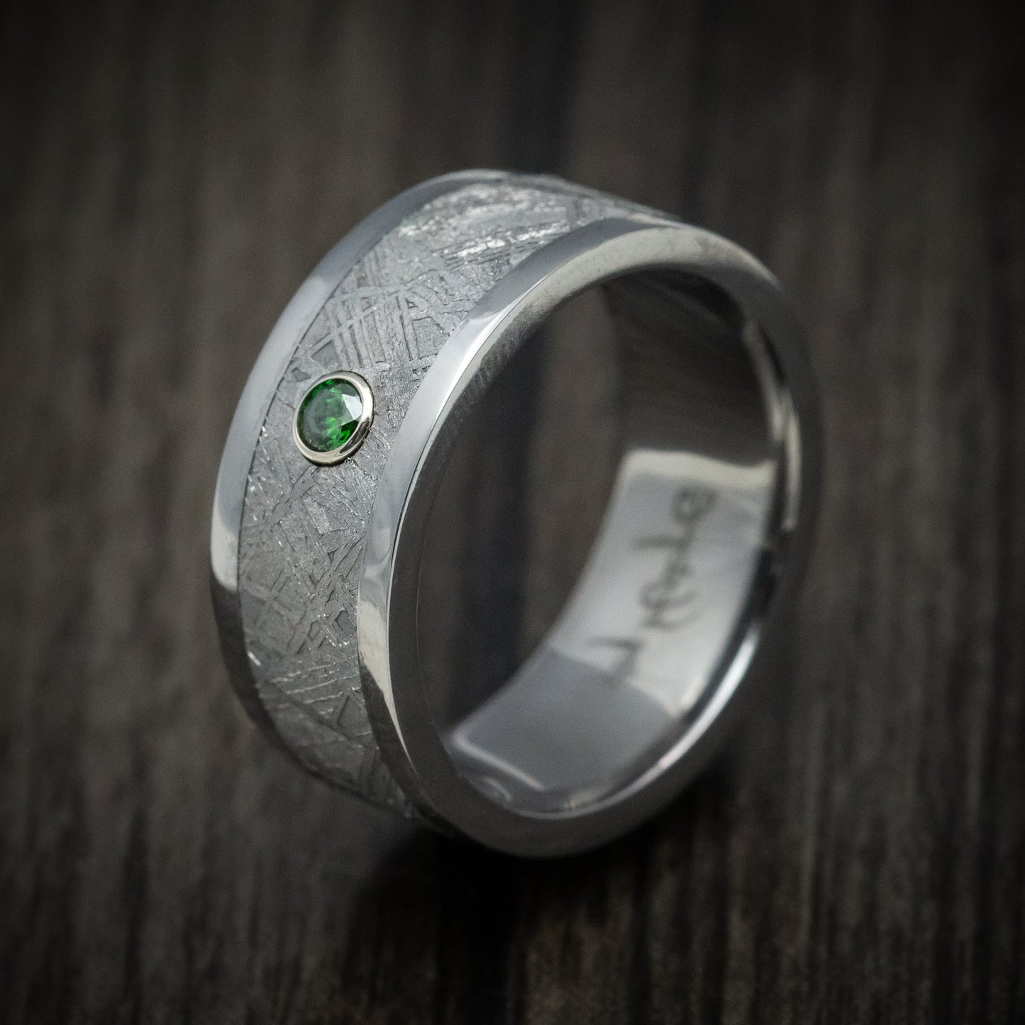 Tantalum and Meteorite Men's Ring with Green Diamond Custom Made Band