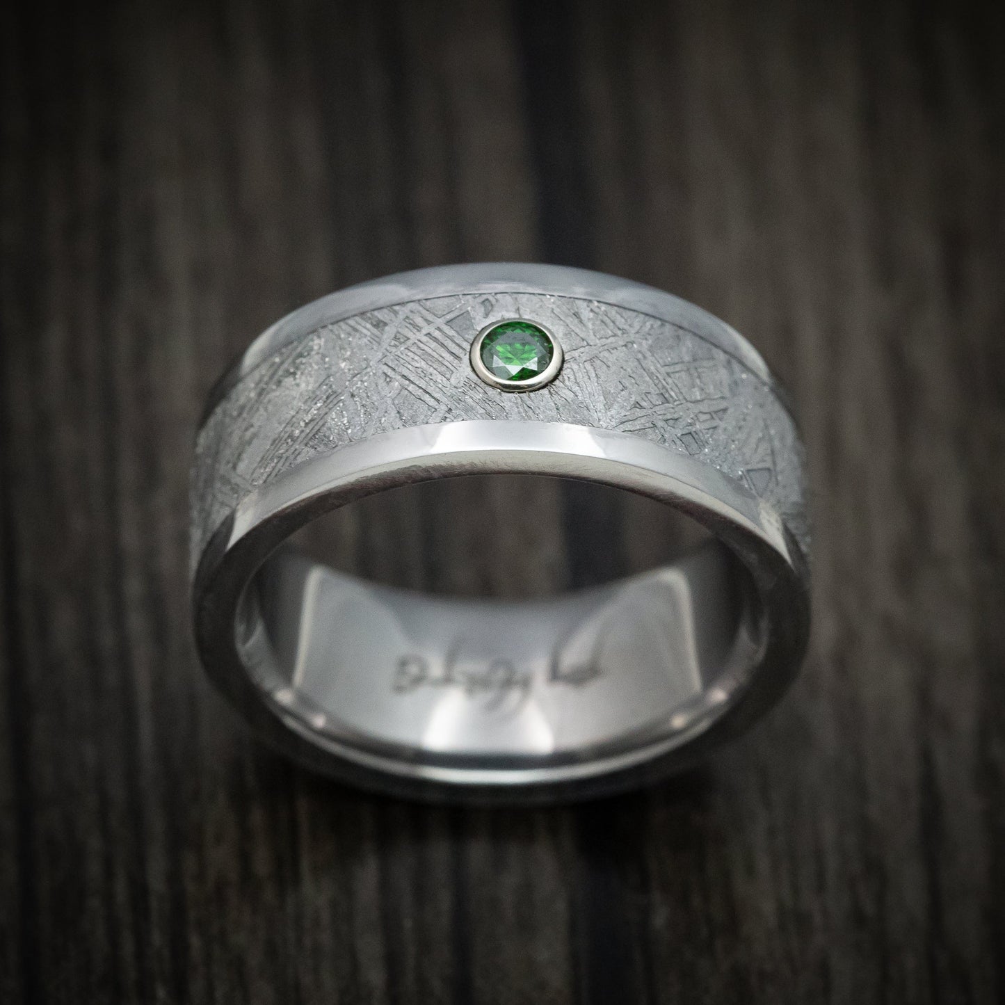 Tantalum and Meteorite Men's Ring with Green Diamond Custom Made Band