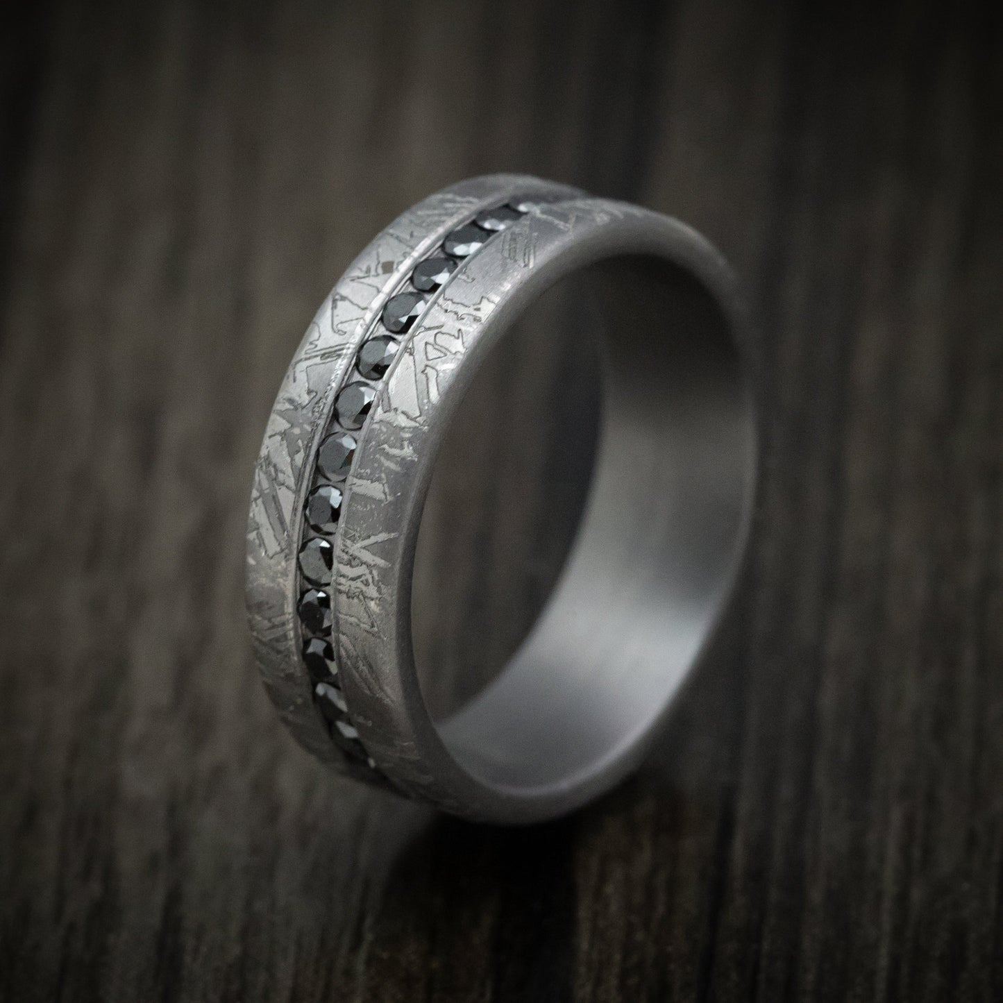 Tantalum Men's Ring With Faux-Meteorite Pattern and Black Diamonds Custom Band