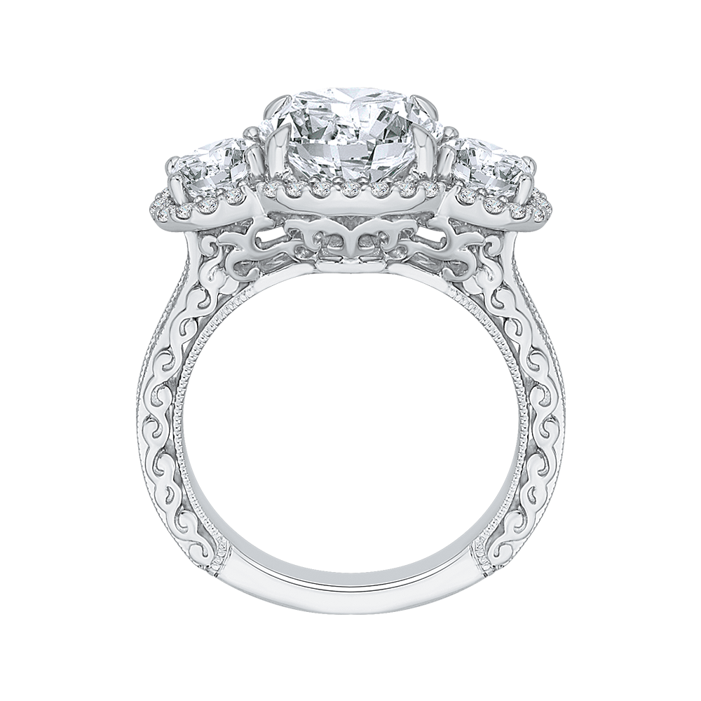 Diamond Three-Stone Halo Engagement Ring in 18K White Gold (Semi-Mount)