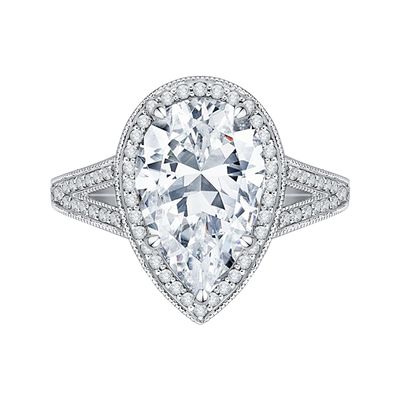 Split Shank Pear Cut Diamond Halo Engagement Ring in 18K White Gold (Semi-Mount)