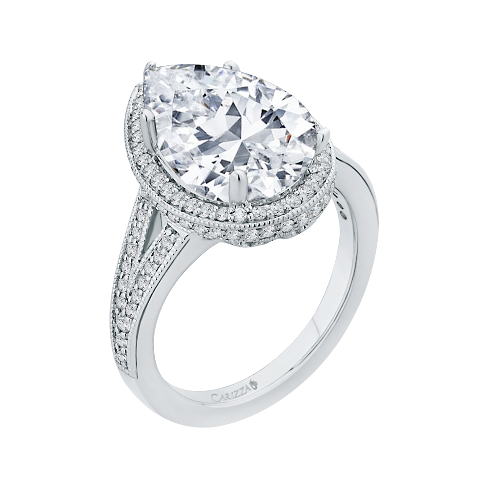 Split Shank Pear Cut Diamond Halo Engagement Ring in 18K White Gold (Semi-Mount)