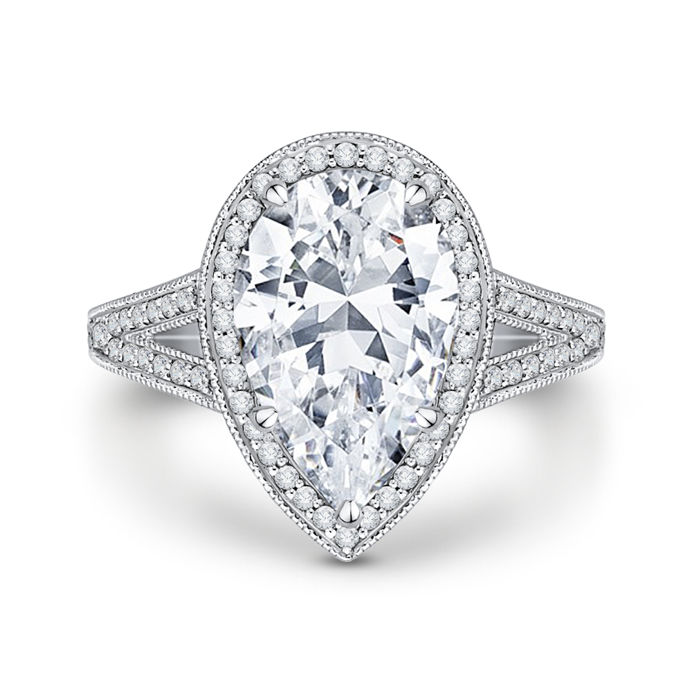 Split Shank Pear Cut Diamond Halo Engagement Ring in 18K White Gold (Semi-Mount)