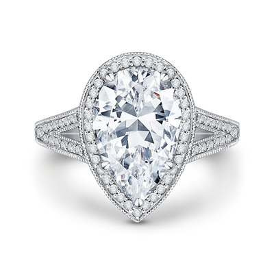 Split Shank Pear Cut Diamond Halo Engagement Ring in 18K White Gold (Semi-Mount)