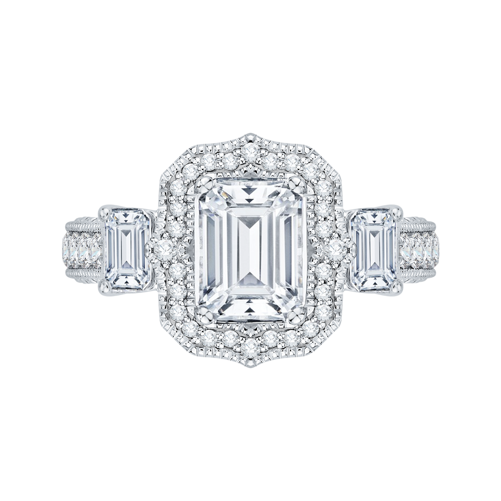 Emerald Cut Diamond Halo Bridal Ring in 18K White Gold (Semi-Mount)