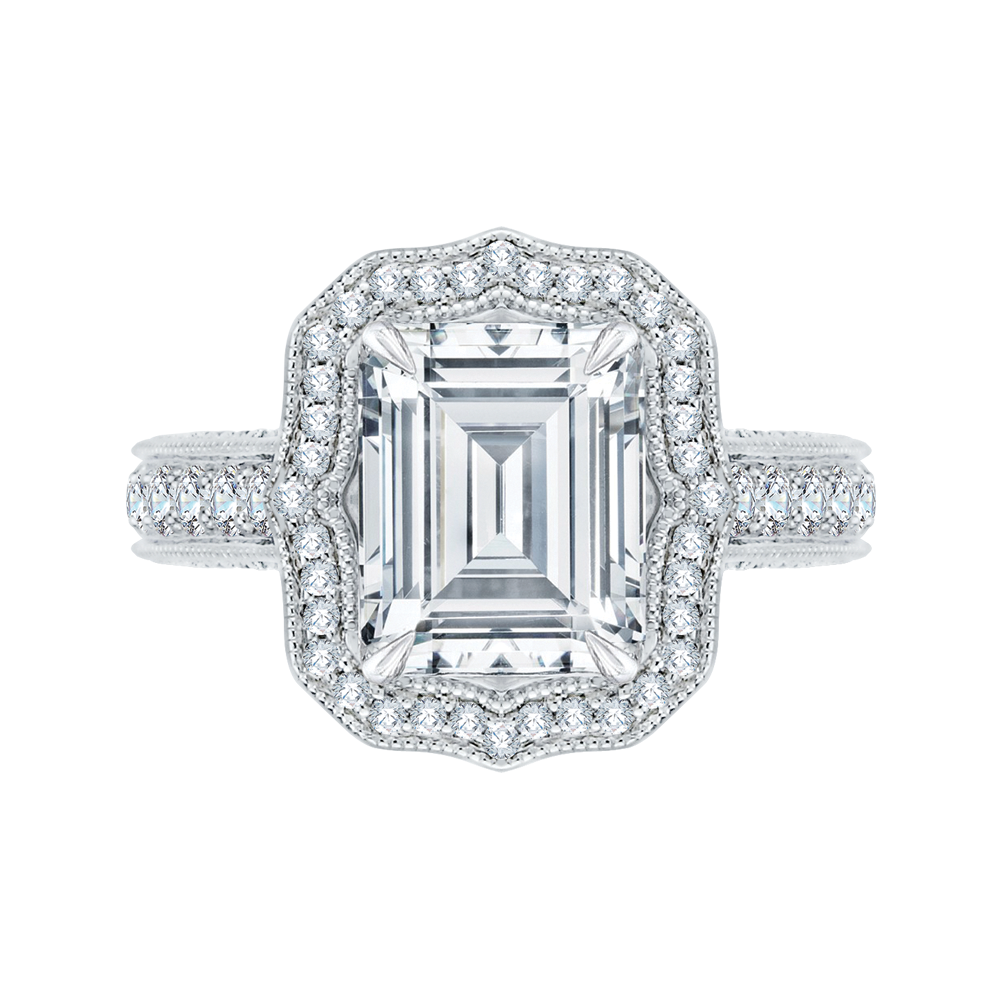 Emerald Cut Diamond Halo Bridal Engagement Ring in 18K White Gold (Semi-Mount)