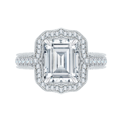 Emerald Cut Diamond Halo Bridal Engagement Ring in 18K White Gold (Semi-Mount)