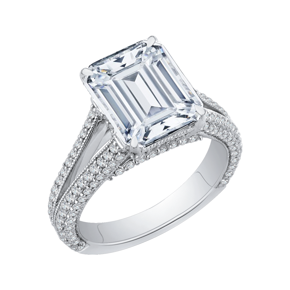 Split Shank Emerald Cut Diamond Engagement Ring in 18K White Gold (Semi-Mount)