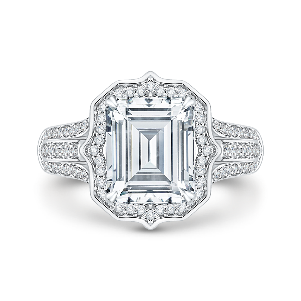 Emerald Cut Diamond Halo Engagement Ring in 18K White Gold (Semi-Mount)