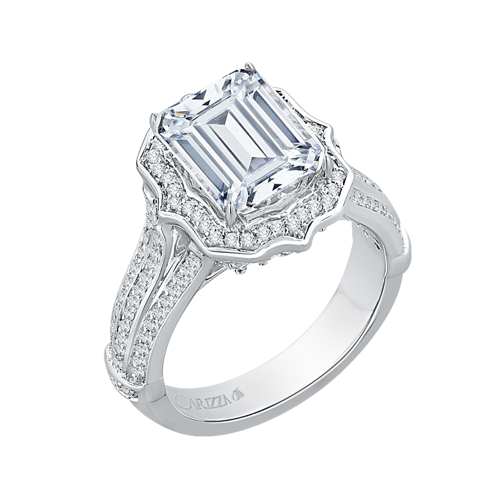 Emerald Cut Diamond Halo Engagement Ring in 18K White Gold (Semi-Mount)