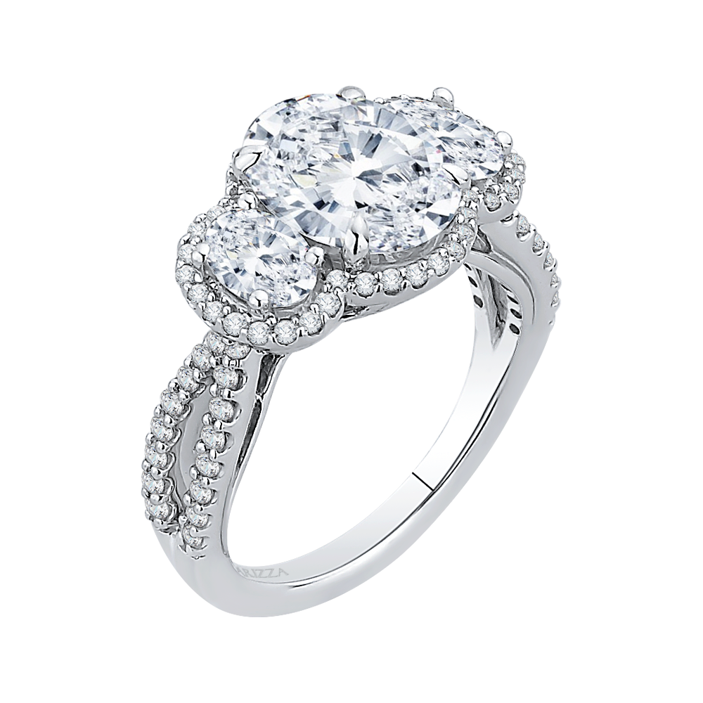 Split Shank Oval Cut Diamond Three-Stone Halo Engagement Ring in 18K White Gold (Semi-Mount)