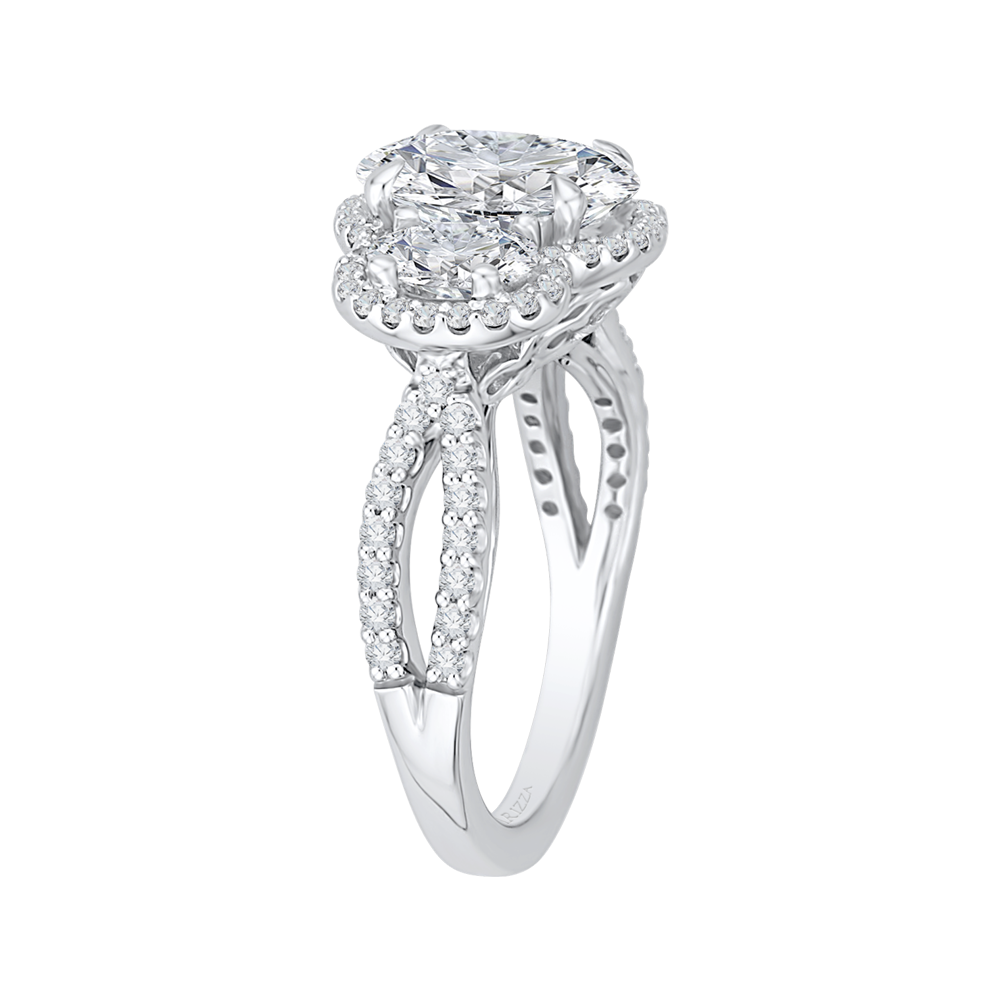 Split Shank Oval Cut Diamond Three-Stone Halo Engagement Ring in 18K White Gold (Semi-Mount)