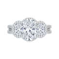 Split Shank Oval Cut Diamond Three-Stone Halo Engagement Ring in 18K White Gold (Semi-Mount)