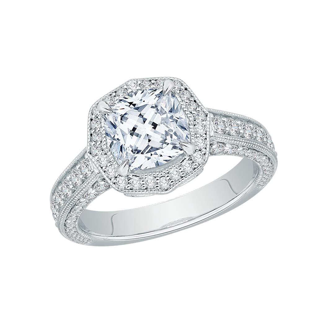 Cushion Cut Diamond Halo Engagement Ring in 18K White Gold (Semi-Mount)