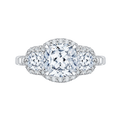 Cushion Cut Three-Stone Diamond Halo Engagement Ring in 18K White Gold (Semi-Mount)