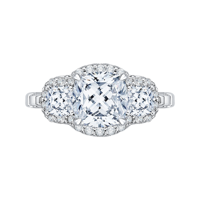 Cushion Cut Three-Stone Diamond Halo Engagement Ring in 18K White Gold (Semi-Mount)