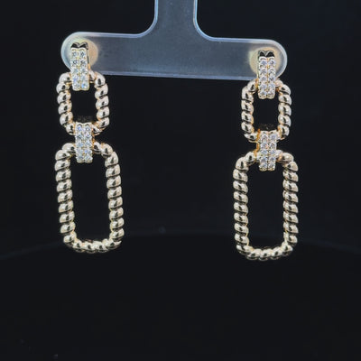 Paperclip Style "Door-Knocker" Dangling Gold Earrings with Diamond accents